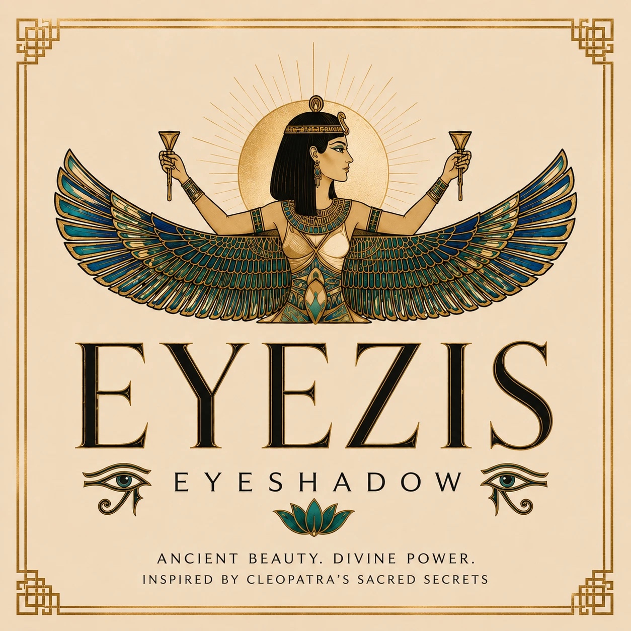 The EyeZis emblem in the Alabaster register: the winged goddess Ma'at holding lotus cups, drawn on cream.
