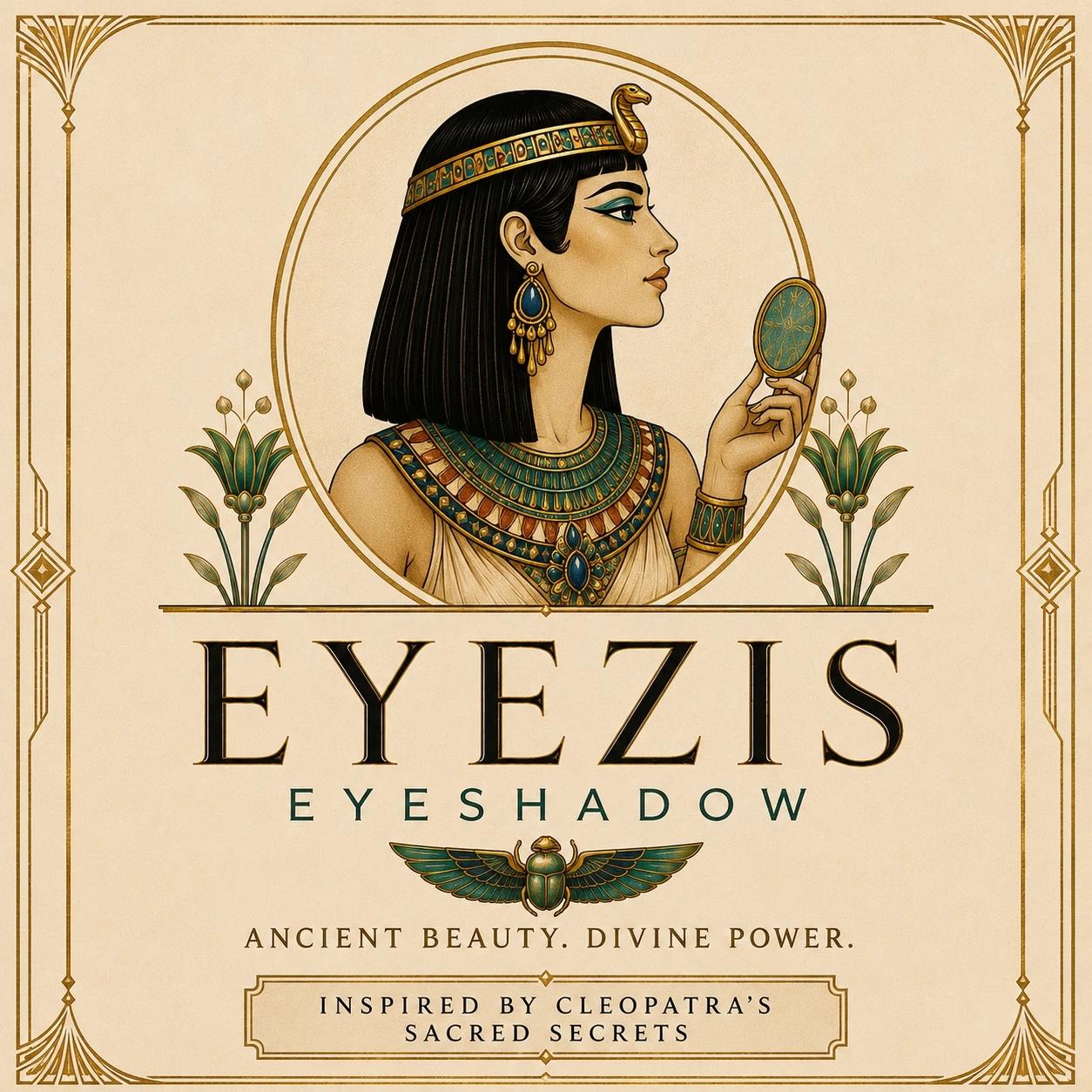 EyeZis Eyeshadow in the Alabaster register: a Cleopatra profile within a gold ring, lifting a hand mirror, flanked by papyrus, on cream.