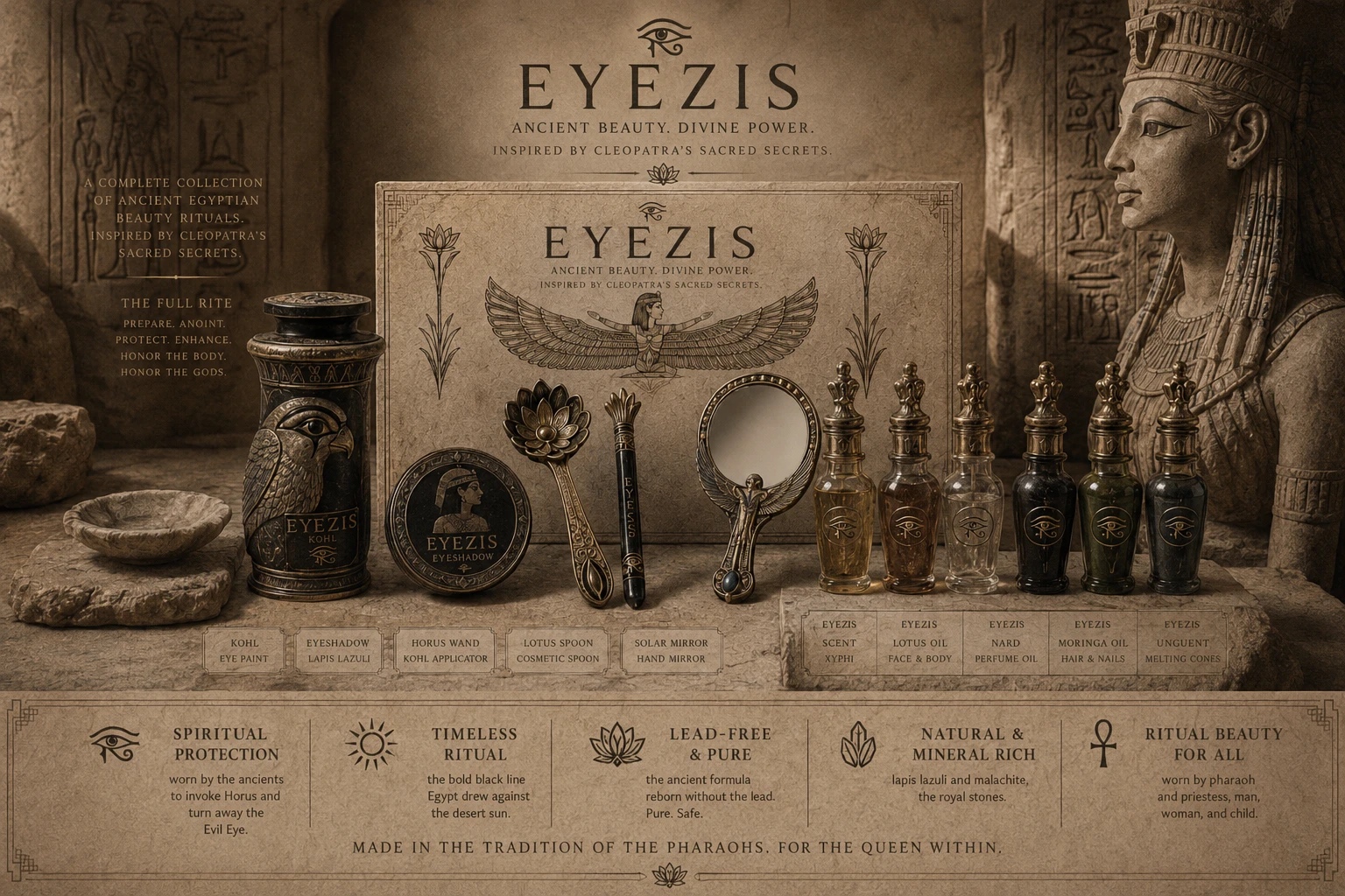 The full rite rendered as an ancient artifact in stone and sepia: the complete collection with oils and unguent.