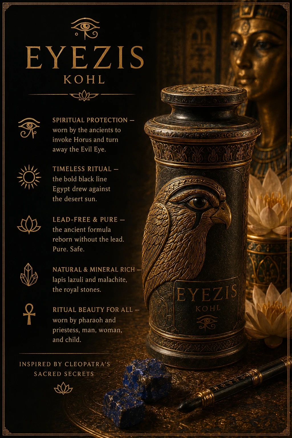 EyeZis Kohl with the five pillars of the house: Spiritual Protection, Timeless Ritual, Lead-Free and Pure, Natural and Mineral Rich, Ritual Beauty for All.