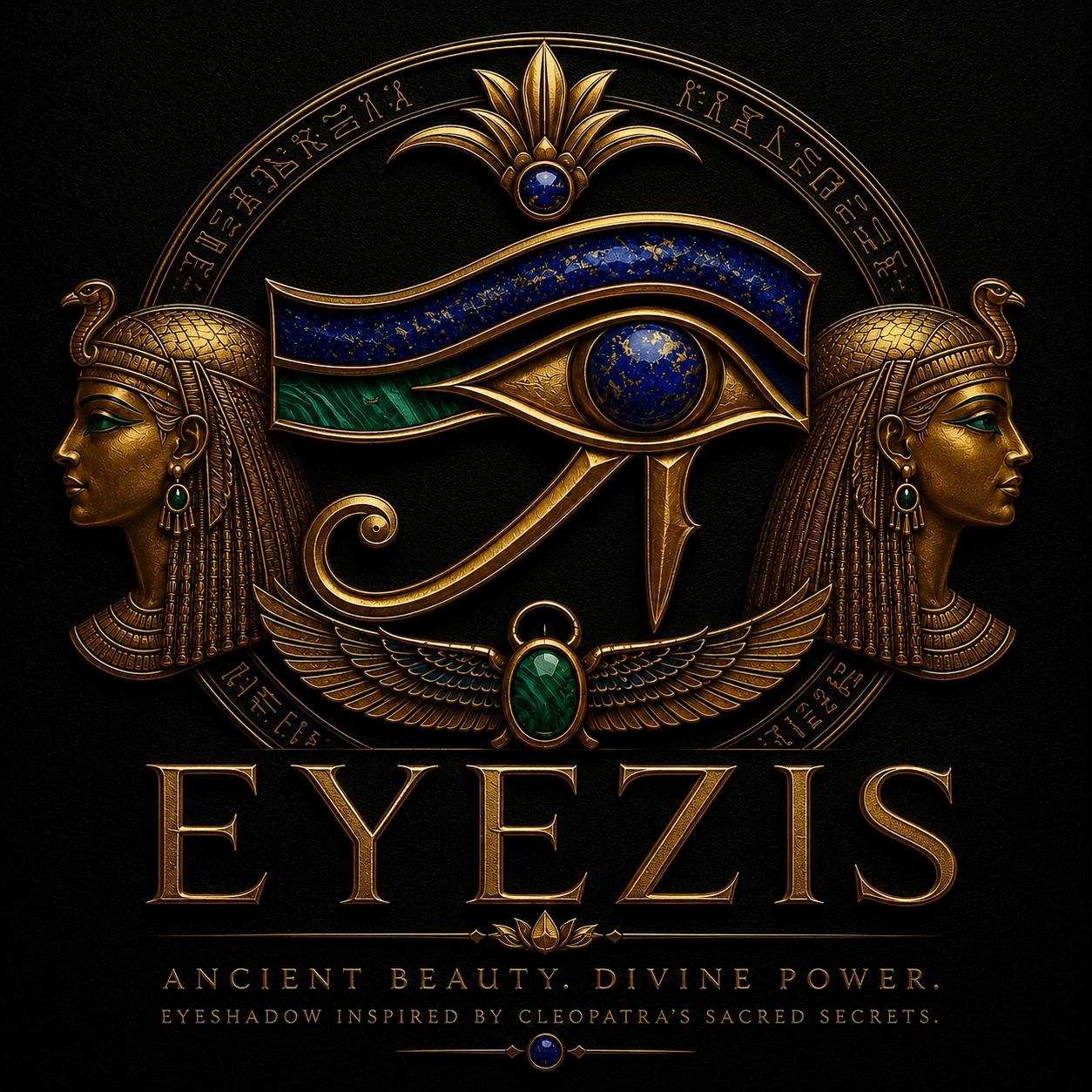The EyeZis emblem in the Obsidian register: a golden Eye of Horus in lapis and malachite, flanked by two Cleopatra profiles, on black.