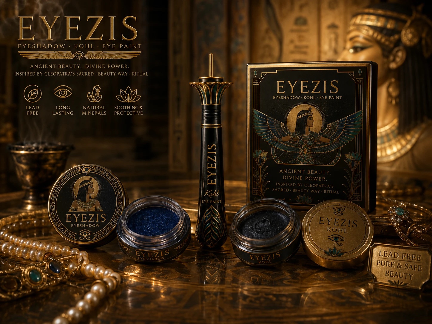 The EyeZis product line in the Obsidian register: eyeshadow, kohl, and eye paint in black and gold.