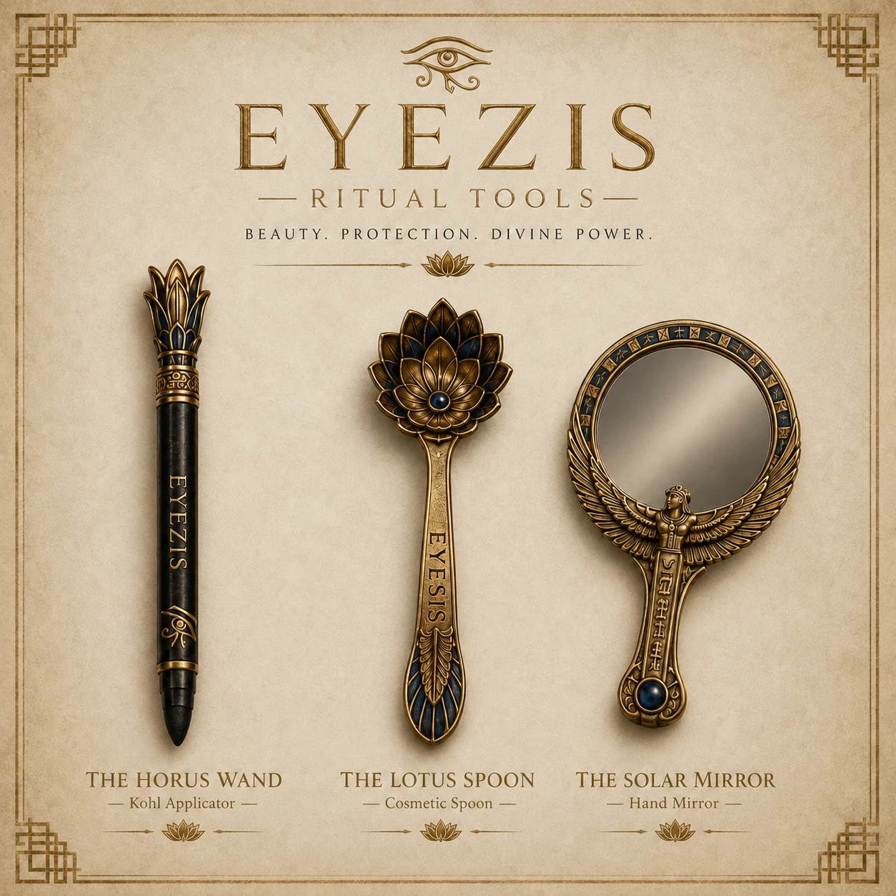 The EyeZis ritual tools presented on parchment: the Horus Wand, the Lotus Spoon, and the Solar Mirror.
