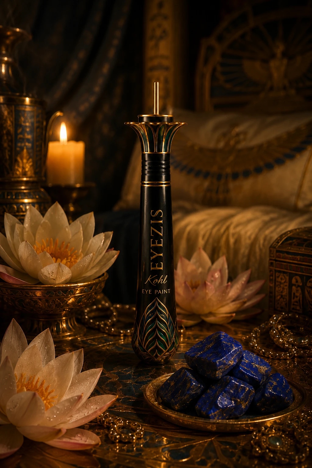 The EyeZis Kohl vessel engraved with the falcon of Horus, beside the lotus-crowned Horus Wand and raw lapis lazuli.