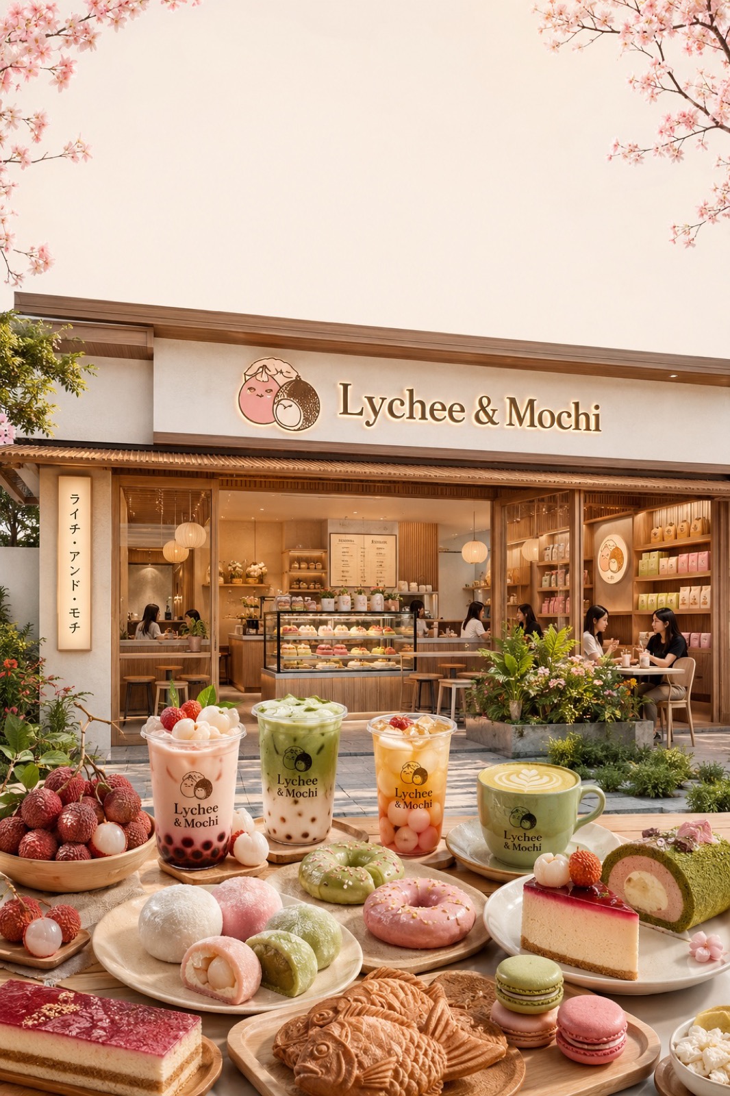 The Lychee & Mochi caf&eacute;, signage, drinkware, packaging, and menu, in a cherry-blossom courtyard
