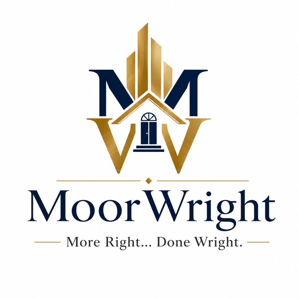 MoorWright monogram, MW with rooftop, door, and gold skyline