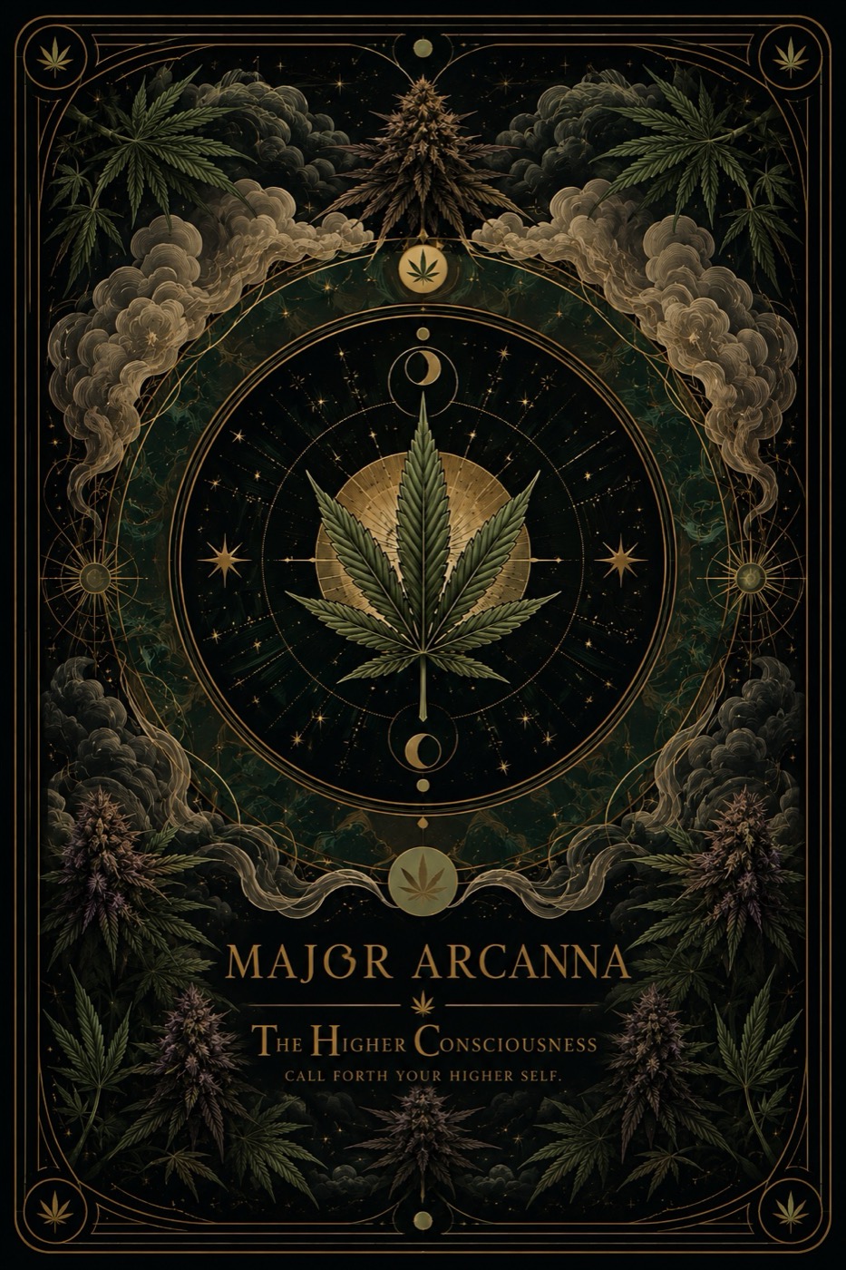 MajorArCanna, the card back: the leaf crowned by sun and moon, ringed by smoke and starfield, beneath the wordmark